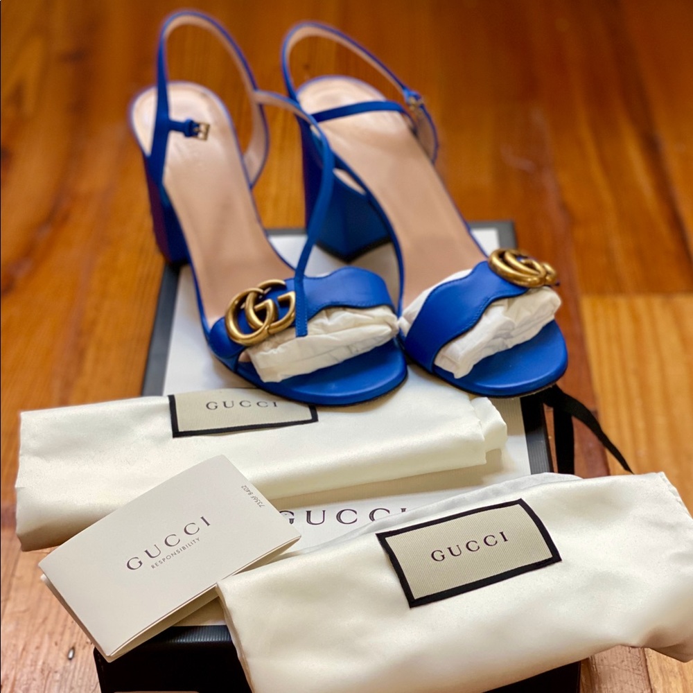 “Electric Blu” Gucci Marmont GG Mid-Heeled Sandals